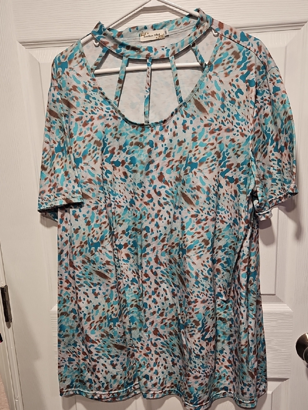 Women’s Short Sleeve Animal-Print Tee with Strappy Neckline - Teal & Brown